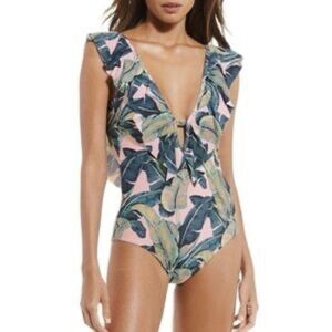 GIANNI BINI Medium Swimsuit OnePiece Tropical Print Ruffle VNeck Resort Chic